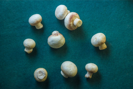 Champignon mushrooms on green background. Top view. Flat lay.の写真素材