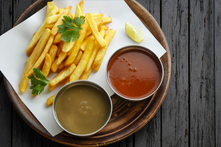 French fries with sauce on wooden table. Top view, copy space