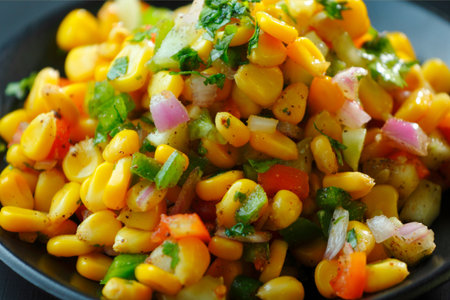 Mexican corn salad with tomato, onion, pepper and cilantro