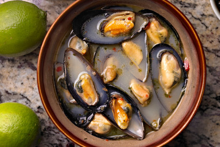 Mussels in white wine sauce with limele background. Top view