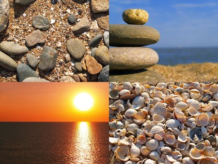 many shells on sunny beach on blue sky background in the morningの写真素材