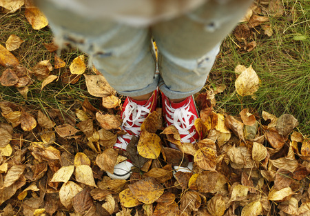 Girl in sneakers standing on autumn leaves. Feet in autumn leaves.の写真素材