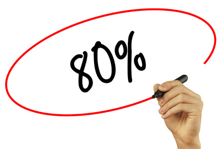 Man Hand writing  80% with black marker on visual screen. Isolated on background. Business, technology, internet concept. Stock Photoの写真素材