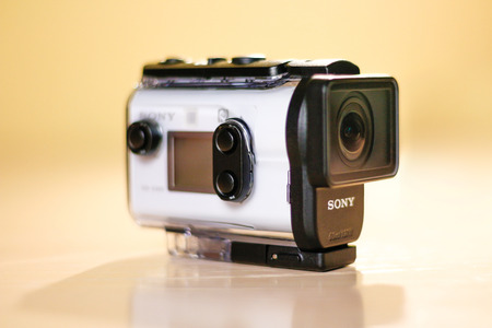 KRASNOYARSK, RUSSIA - February 09, 2018: Sony FDR-X3000. White action camera. Underwater case.のeditorial素材