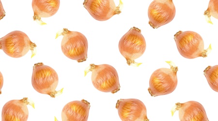 Set of fresh whole and sliced onions. Close up. Top view. Isolated on white background.の写真素材