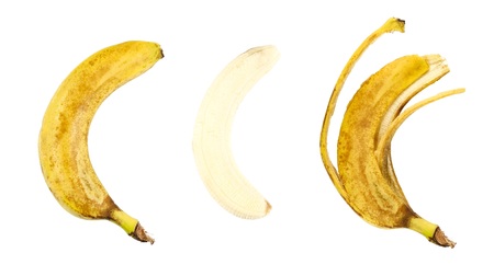 Banana. Banana peel. Peeled banana. Close up. Isolated on white background.の写真素材
