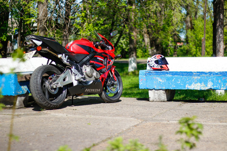 KRASNOYARSK, RUSSIA - MAY 25, 2018: Red and black sportbike Honda CBR 600 RR 2005 PC37.