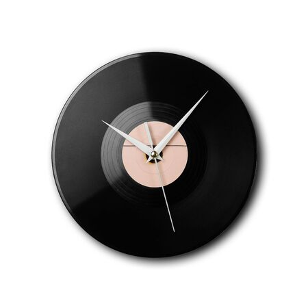 Wall clock in the form of ancient black gramophone records. Close up. Isolated on white background.の写真素材