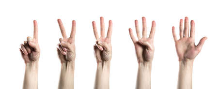 The hand shows one, two, three, four, and five fingers. A collage of hand symbols. Isolated on a white background.の写真素材