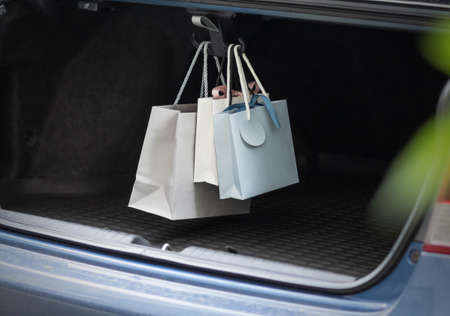 A hook for packages in the trunk of the car. Close up.の写真素材