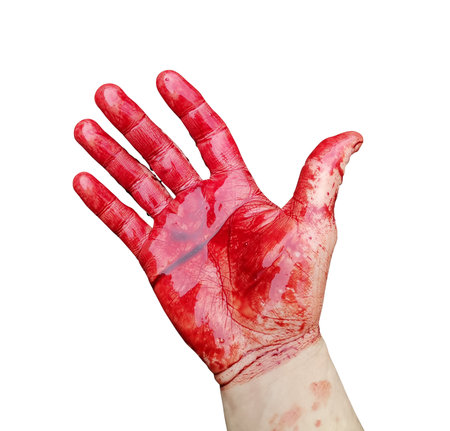 The hand is covered in blood. On a white background.の写真素材