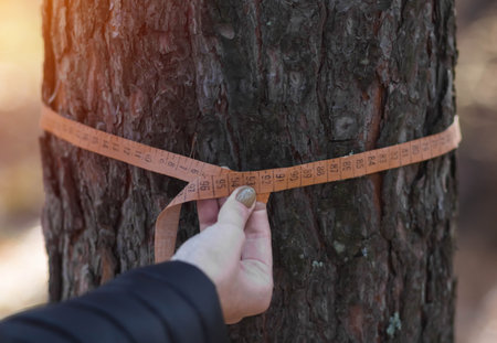 Deforestation and forest evaluation. Measuring the circumference of a pine tree with a ruler tape.の写真素材