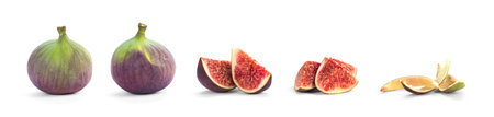 Set of fresh whole and sliced figs isolated on white background. side view.の写真素材