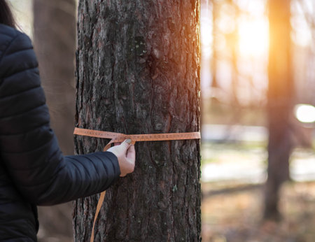 Deforestation and forest evaluation. Measuring the circumference of a pine tree with a ruler tape.の写真素材