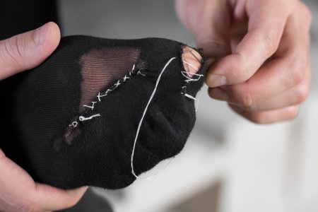 A man sews a black torn sock with white threads. closeup. isolated on a white background.