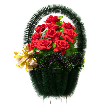 Funeral wreath made of artificial flowers. Close up. On a white background.の写真素材