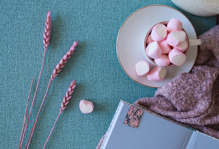 Sweet pink marshmallows on blue background. Blue desk with notebook and pen. A marshmallow is shaped like a heart. Along with dried pink flowers.の写真素材