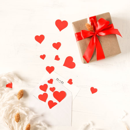 Gift wrapped in brown paper with a red bow next to a card that says mom and hearts coming out of the envelope. Ready for mother's day.の写真素材