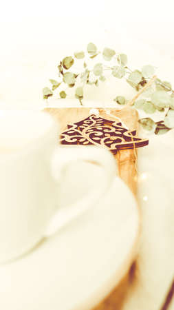 Christmas decorations for the tree. in red, green, yellow, white and wood colors. Cozy photos. Space to write text. Instagram Stories format, wallpaper and support cropping.の写真素材