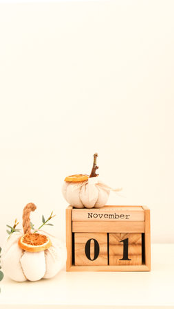 Calendar with date November 1. Fabric pumpkins next to the date November 1 on a white background. All Saints Day. Public holiday.の写真素材