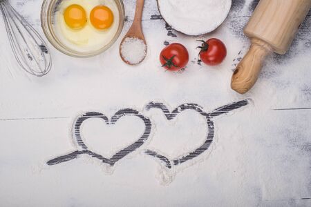 baking ingredients eggs, flour, sugar, butter, yeast. preparation. food backgroundの写真素材
