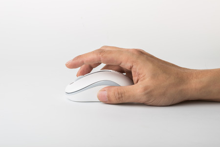 Male hand holding computer mouse isolated on whiteのeditorial素材