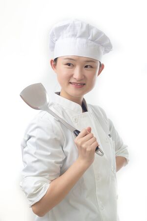 Chef woman. Baker. Isolated on white background.の写真素材