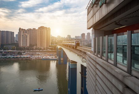 China Chongqing elevated light rail, modern city traffic perspective.のeditorial素材