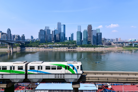 light rail moving on railway in chongqingのeditorial素材