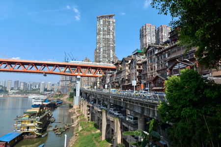 andscape of downtown near water of chongqing in blue skyの写真素材