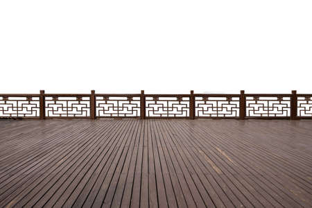 Empty wood flooring with ancient architecture on the lake sideの写真素材