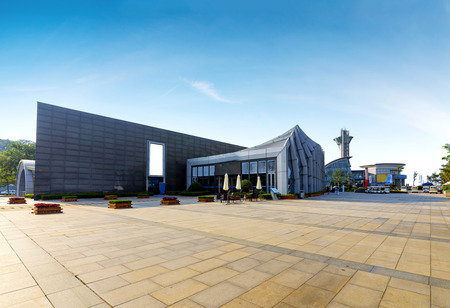 Panoramic skyline and buildings with empty concrete square floorのeditorial素材
