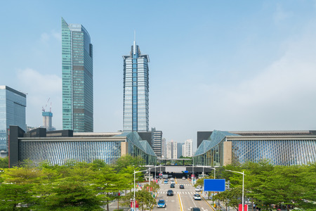 Panoramic skyline and buildings with empty concrete square floor in shenzhen,chinaの写真素材