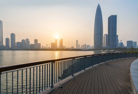 City skyline, shenzhen bay park at sunsetの写真素材