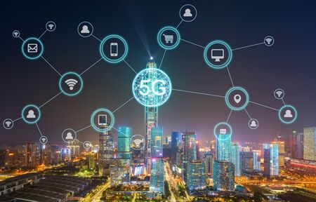 Wireless communication network concept.Panorama of Modern Cityの写真素材