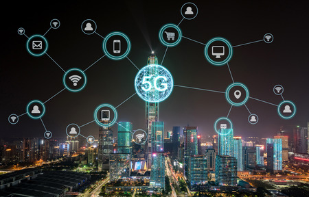Wireless communication network concept.Panorama of Modern Cityのeditorial素材