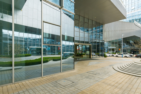 Office building glass window in financial centerのeditorial素材