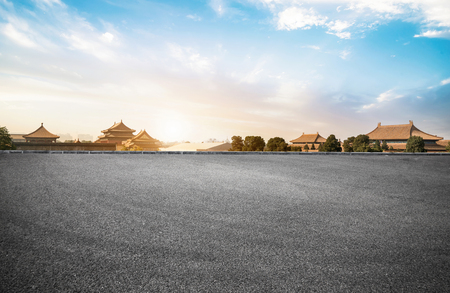 Empty Asphalt Ground and Bauhinia City, Beijing, Chinaのeditorial素材