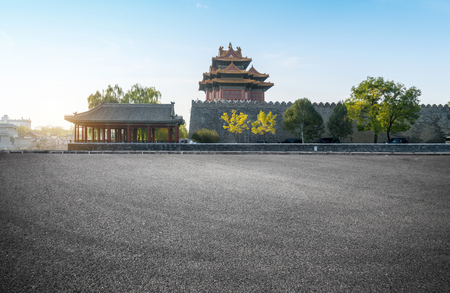Empty Asphalt Ground and Bauhinia City, Beijing, Chinaのeditorial素材