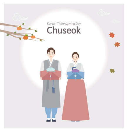 A couple of men and women wearing Hanbok on Chuseok, a traditional Korean holiday. A man and a woman stand holding a Chuseok gift. Flat illustration with resizable.のイラスト素材