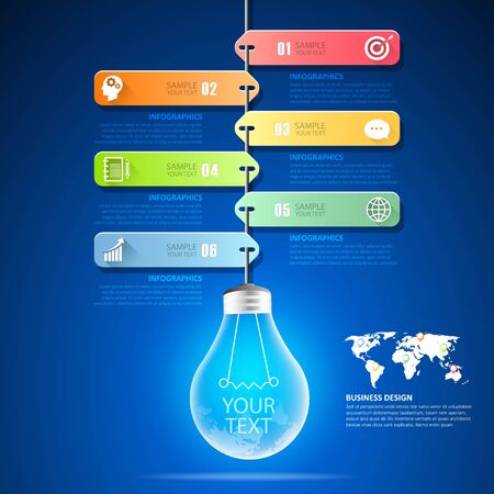 Design lightbulb infographic 6 options,  Business concept infographic template can be used for workflow layout, diagram, number options, timeline or milestones project.のイラスト素材