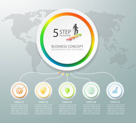 Design infographic template 5 options. can be used for workflow layout, diagram, number options, timeline and stepsのイラスト素材