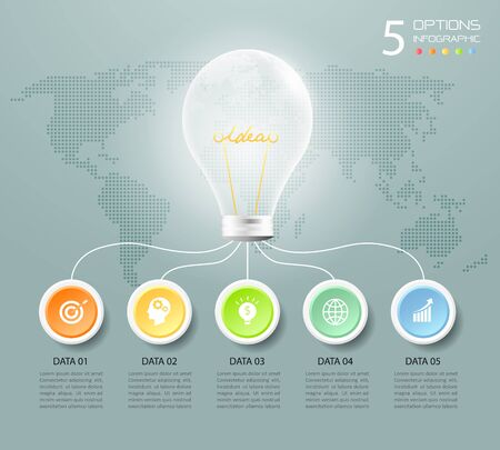 Design lightbulb infographic 5 options,  Business concept infographic template can be used for workflow layout, diagram, number options, timeline or milestones project.のイラスト素材