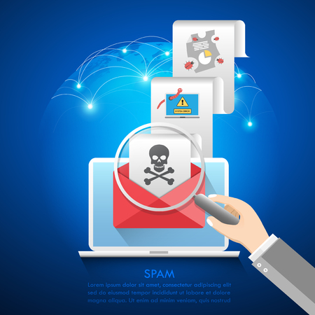 Cyber Crime & Spam Concept with e-mail message alert, Spam, Virus, Bug and Error system, vector illustration.のイラスト素材