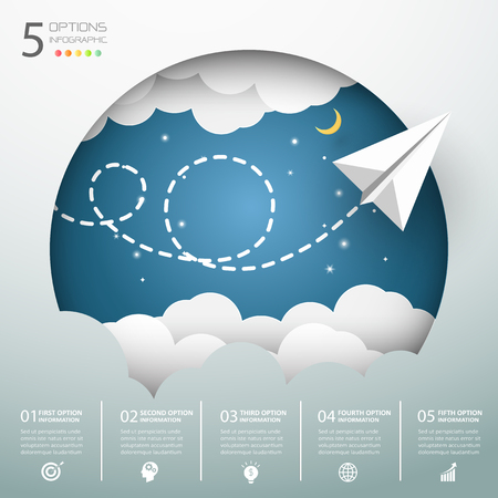 Design origami airplane startup infographic template 5 options. Business concept can be used for workflow layout, diagram, number options, timeline, steps, demo infographicのイラスト素材