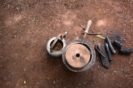 accessory of gamecocks fighting ,the stove,kettle  and hot pad