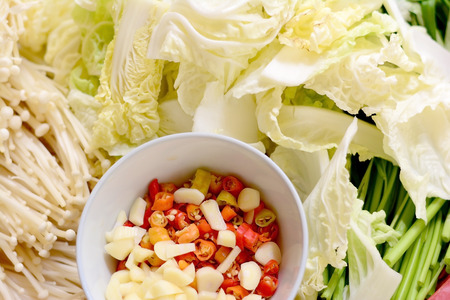 vegetable for cook.chilli,garlic,mushroom and Lettuceの写真素材