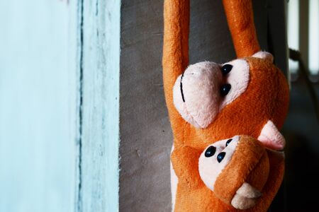 the 2 monkey dolls hanged on cement postの写真素材