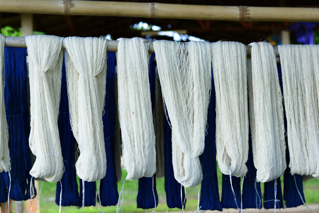 the blue and white cotton yarn  in  local weaving factory of Thailandの写真素材