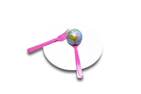 a globe in white dish with spoon and fork  on isolated background